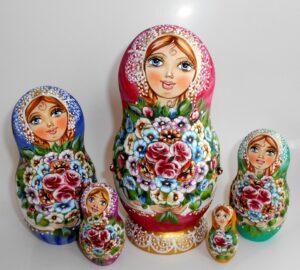 Kira pink scarf red back flowers Babushka Matryoshka nesting Doll Babooshki Babushkas