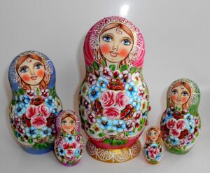 Kira pink scarf purple back flowers Babushka Matryoshka nesting Doll Babooshki Babushkas