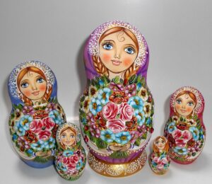 Kira purple scarf purple back flowers Babushka Matryoshka nesting Doll Babooshki Babushkas