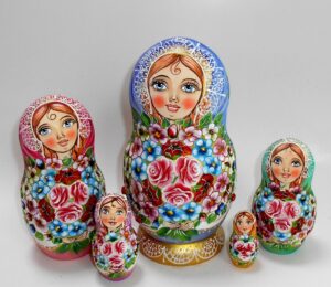 Kira blue scarf purple back flowers Babushka Matryoshka nesting Doll Babooshki Babushkas