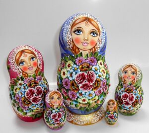 Kira dark blue scarf purple back flowers Babushka Matryoshka nesting Doll Babooshki Babushkas