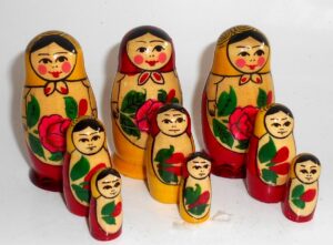 Collection of THREE Semenov yellow and red scarf 3-set Babushkas  Babushka Matryoshka nesting Doll Babooshki Babushkas Classic Village Traditional