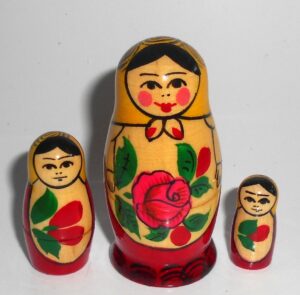 Collection of THREE Semenov yellow scarf 3-set s nesting Doll Babooshki s Classic Village Traditional
