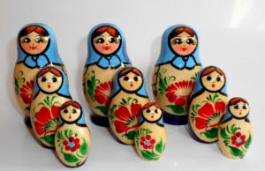 Collection of THREE Kirov blue/purple 3-set Babushkas  Babushka Matryoshka nesting Doll Babooshki Babushkas Classic Village Traditional