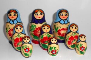 Collection of THREE Kirov blue/purple & purple/red 3-set Babushkas  Babushka Matryoshka nesting Doll Babooshki Babushkas Classic Village Traditional