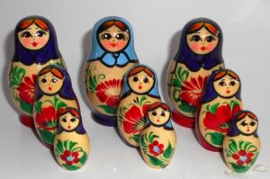 Collection of THREE Kirov purple/red & blue/purple 3-set Babushkas  Babushka Matryoshka nesting Doll Babooshki Babushkas Classic Village Traditional