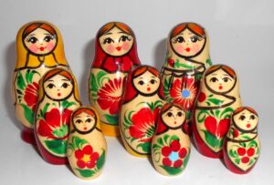 Collection of THREE Kirov yellow, red & white scarf 3-set Babushkas  Babushka Matryoshka nesting Doll Babooshki Babushkas Classic Village Traditional