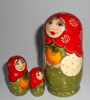 Kira in green dress with apple II small nesting Doll Babooshki s