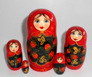 Kira in red dress with strawberries small Babushka Matryoshka nesting Doll Babooshki Babushkas