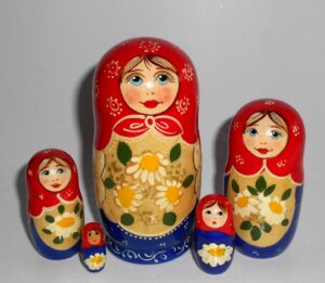 Kira in red scarf with daisies small Babushka Matryoshka nesting Doll Babooshki Babushkas