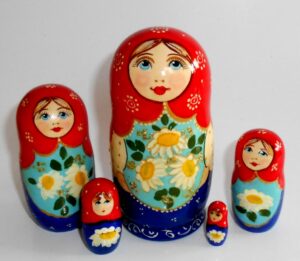 Kira in blue apron with daisies small Babushka Matryoshka nesting Doll Babooshki Babushkas