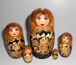 Kira in golden scarf with wild flowers small Babushka Matryoshka nesting Doll Babooshki Babushkas