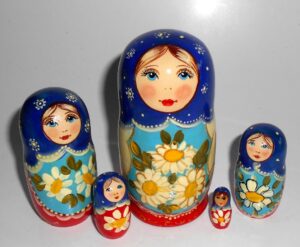 Kira in blue scarf with daisies small Babushka Matryoshka nesting Doll Babooshki Babushkas