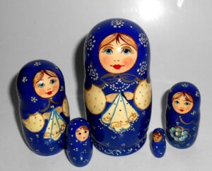 Kira in blue scarf handkerchief small Babushka Matryoshka nesting Doll Babooshki Babushkas