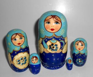 Kira Tea party in blue dress small Babushka Matryoshka nesting Doll Babooshki Babushkas