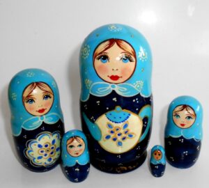 Kira Tea party in dark blue dress small Babushka Matryoshka nesting Doll Babooshki Babushkas