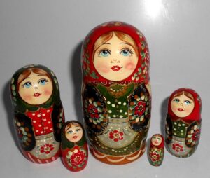 Olya in national costume red scarf small Babushka Matryoshka nesting Doll Babooshki Babushkas