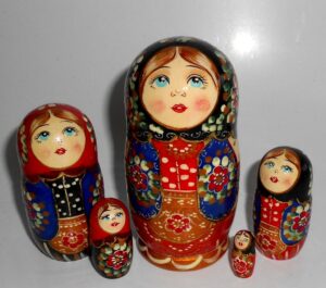 Olya in national costume black scarf small Babushka Matryoshka nesting Doll Babooshki Babushkas
