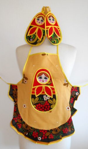 Set Kids Apron beige and two pot holders Babushka   Babushka Matryoshka nesting Doll  Babooshki Babushkas