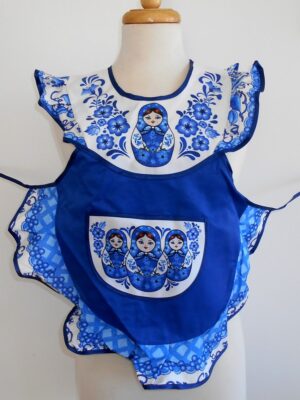 Kids Apron blue with collar 'three Babushkas'   Babushka Matryoshka nesting Doll  Babooshki Babushkas
