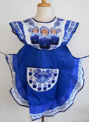 Apron blue with pocket and collar 'Three Babushkas'   Babushka Matryoshka nesting Doll  Babooshki Babushkas