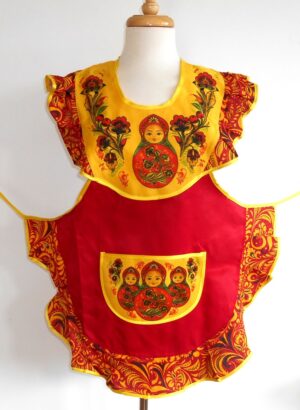 Apron red and yellow with pocket and collar Babushkas   Babushka Matryoshka nesting Doll  Babooshki Babushkas