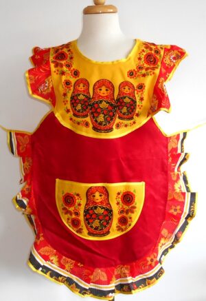 Apron red and yellow with pocket and collar 'Three Babushkas'   Babushka Matryoshka nesting Doll  Babooshki Babushkas