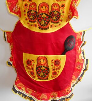 Apron red and yellow with pocket and collar ‘Three s’ nesting Doll Babooshki s