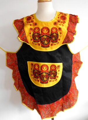 Apron black and yellow with pocket and collar 'Three Babushkas'   Babushka Matryoshka nesting Doll  Babooshki Babushkas