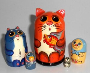 MINI Cat ginger with gold fish mini 5-set Babushka  TINY