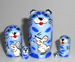 MINI Blue Cat with white mouse mini 5-set Babushka  TINY