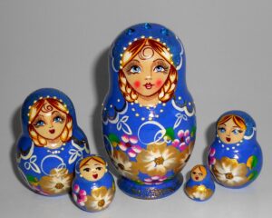 Vera in blue dress gold flowers small Babushka Matryoshka nesting Doll  Babooshki Babushkas