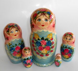 LARGE Klara in peach scarf baby-blue dress Babushka Matryoshka nesting Doll Babooshki Babushkas