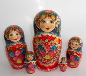 LARGE Klara in gray blue scarf red dress Babushka Matryoshka nesting Doll Babooshki Babushkas