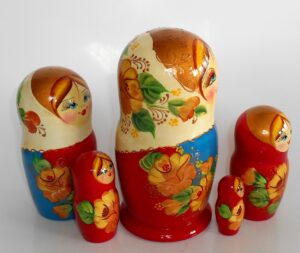 Vera in white scarf red dress nesting Doll Babooshki s