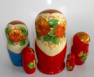 Vera in white scarf red dress nesting Doll Babooshki s