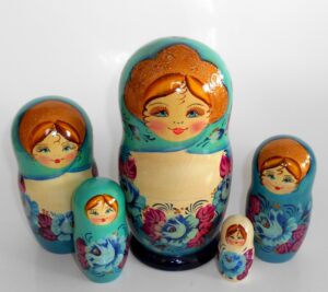 Vera in aqua scarf blue dress Babushka Matryoshka nesting Doll Babooshki Babushkas