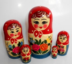 Semenov red scarf blue dress 5-set Babushka Matryoshka nesting Doll Babooshki Babushkas Classic Village Traditional
