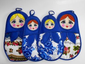 Pot holders set: 2 large and 2 medium blue scarf Babushka