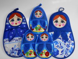 Pot holders set: 2 large and 3 small in blue Babushka