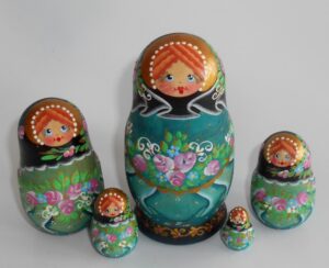 Anya in turquoise matty  dress 5-set Babushka Matryoshka nesting Doll  Babooshki Babushkas