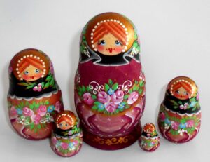 Anya in crimson matty dress 5-set Babushka Matryoshka nesting Doll  Babooshki Babushkas