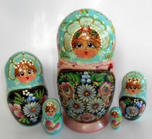 Olga in blue and pink Babushka Matryoshka nesting Doll Babooshki Babushkas