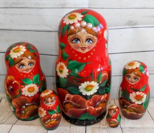Alice in red dress with daisies Babushka Matryoshka nesting Doll Babooshki Babushkas