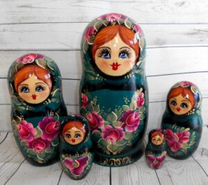 Katya in dark blue flower dress Babushka Matryoshka nesting Doll Babooshki Babushkas