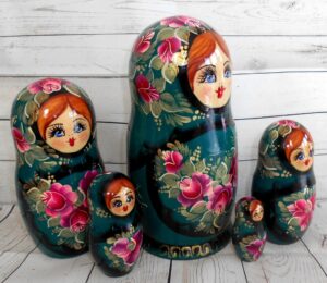 Katya in dark blue flower dress nesting Doll Babooshki s