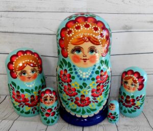 Mila in aqua and dark blue Babushka Matryoshka nesting Doll Babooshki Babushkas