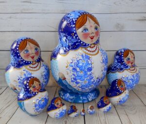 Vera in blue and white 10-set nesting Doll Babooshki s