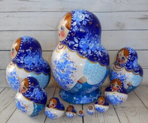 Vera in blue and white 10-set nesting Doll Babooshki s