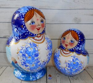 Vera in blue and white 10-set nesting Doll Babooshki s